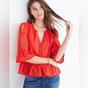 Madewell Red Peasant Top Blouse with Pom-Pom Trim 3/4 Sleeves Peekaboo 0 2 XS